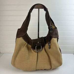 FOSSIL Handbag Woven Straw Fabric Brown Leather Large Hobo Shoulder Bag Purse